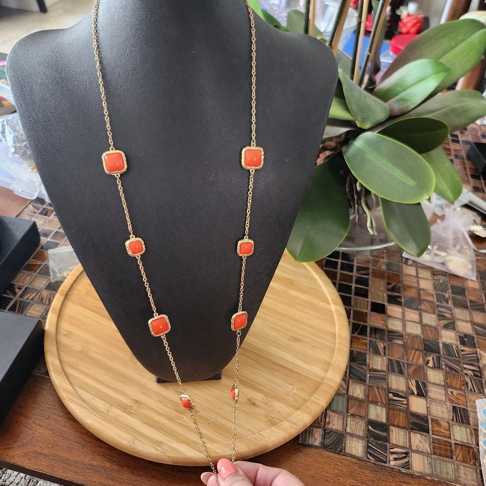 Pure gold tone orange long necklace